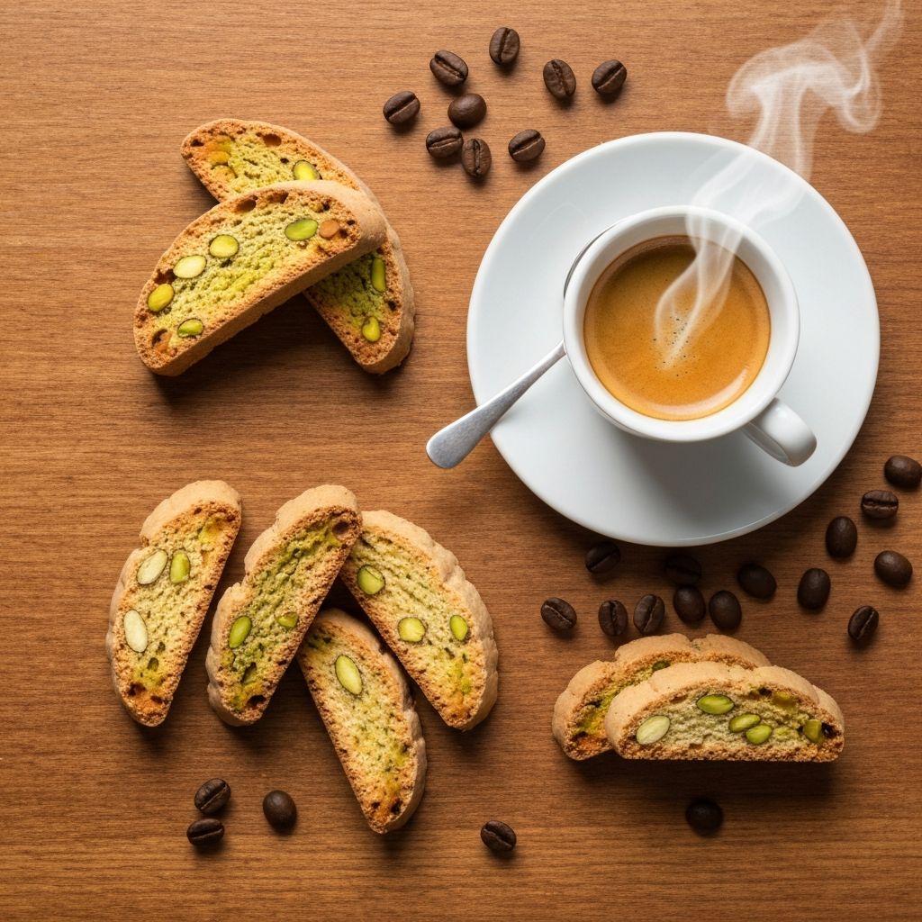 Cantucci de pistacho apoyados en taza de espresso