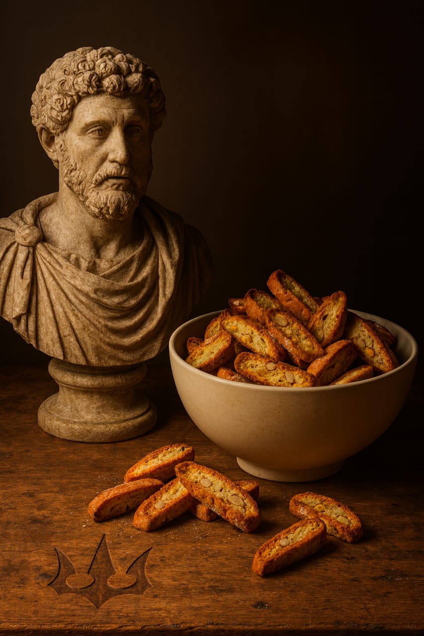 Busto romano junto a biscotti en bowl